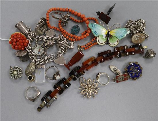 A small quantity of assorted jewellery including 9ct gold and seed pearl pendant brooch, silver charm bracelet, coral, agate etc.